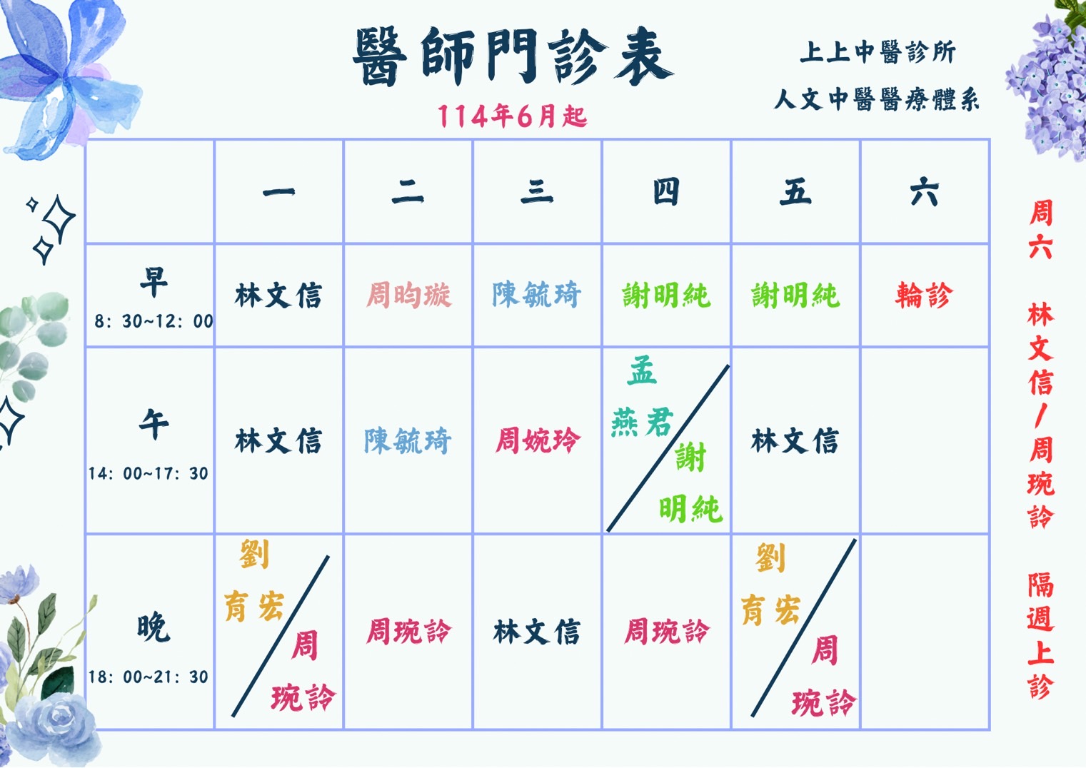 上上中醫 上上院所 門診時間
